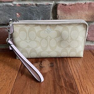 Coach Double Zip Khaki / Petal Wristlet Purse Wallet F53563